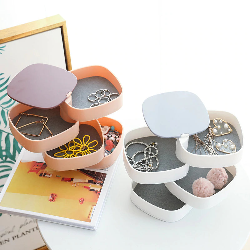 4-Layer Rotary Jewelry Storage Box with Integrated Mirror Lid