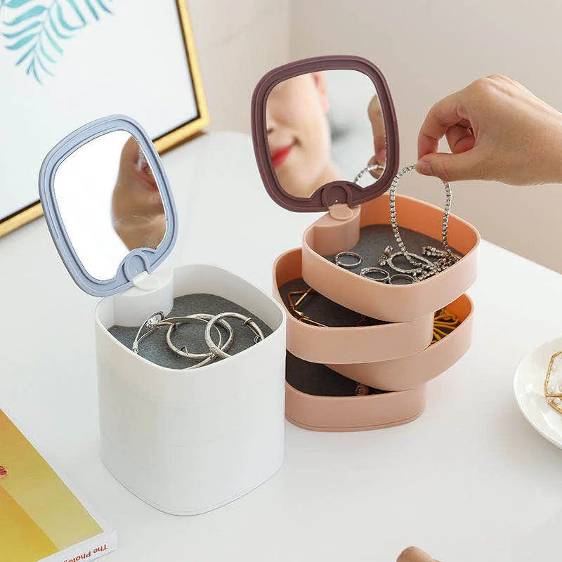 4-Layer Rotary Jewelry Storage Box with Integrated Mirror Lid
