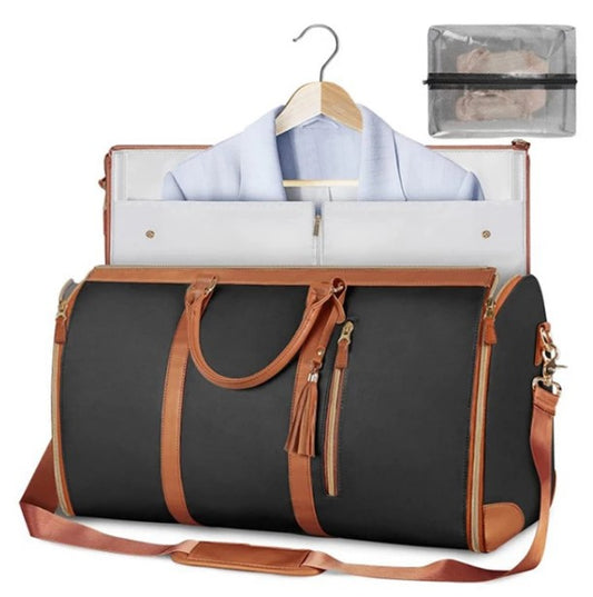 Large 55L Folding Suit Bag – Convertible PU Leather Garment Bag & Travel Luggage (Black/Brown)