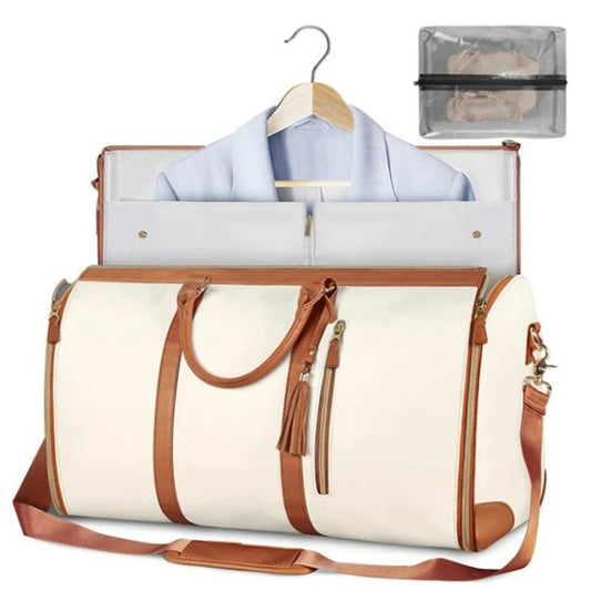 Large 55L Folding Suit Bag – Convertible PU Leather Garment Bag & Travel Luggage (White/Brown)