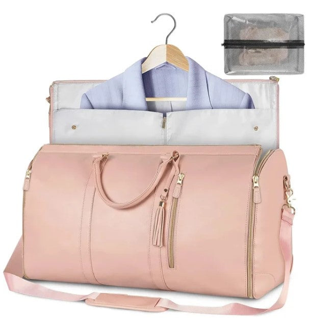 Large 55L Folding Suit Bag – Convertible PU Leather Garment Bag & Travel Luggage (Pink)